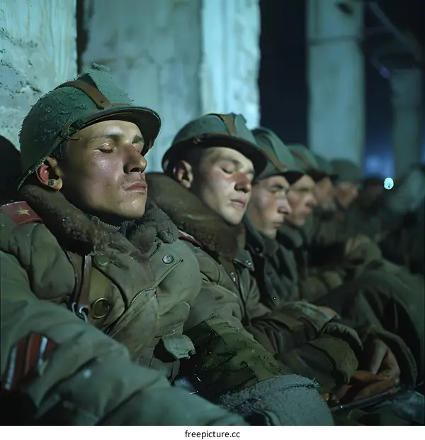 A group of soldiers are sitting on a stone wall