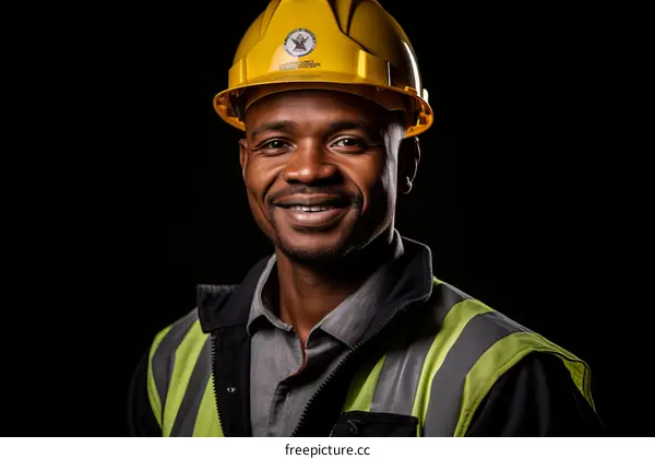 Portrait of a smiling African man wearing a hard hat and safety vest