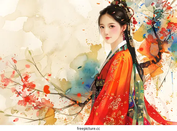 A beautiful painting of a woman in a red dress. The background is white and there are some red and pink flowers.