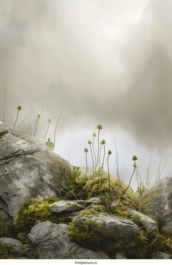 Green Plants on Rocky Terrain Against Cloudy Sky