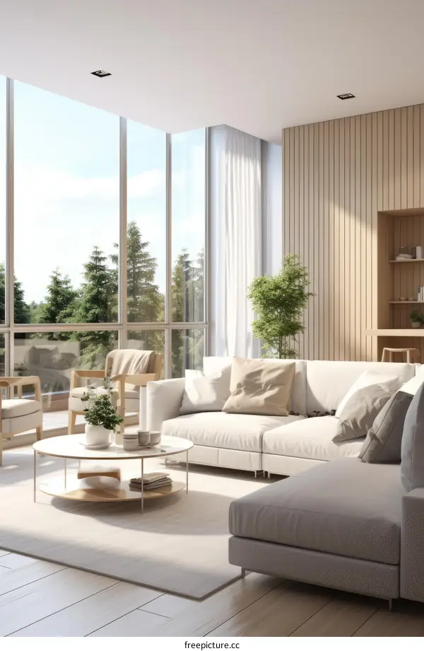 Bright airy living room with large windows and a comfortable couch