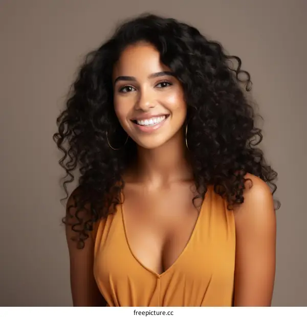 portrait of a beautiful young woman with curly hair smiling wearing a yellow dress