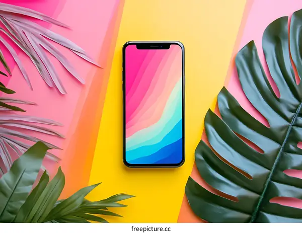 Smartphone with Abstract Background and Tropical Leaves
