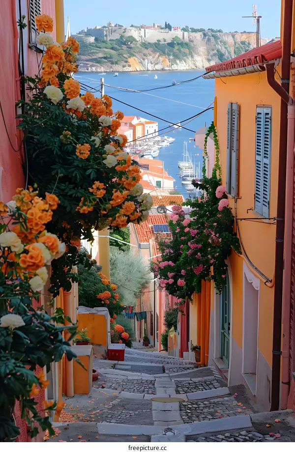 A steep street with colorful flowers hanging from the buildings