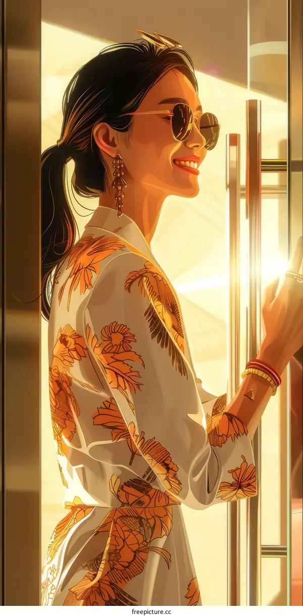 An illustration of a young woman smiling while walking through a door.