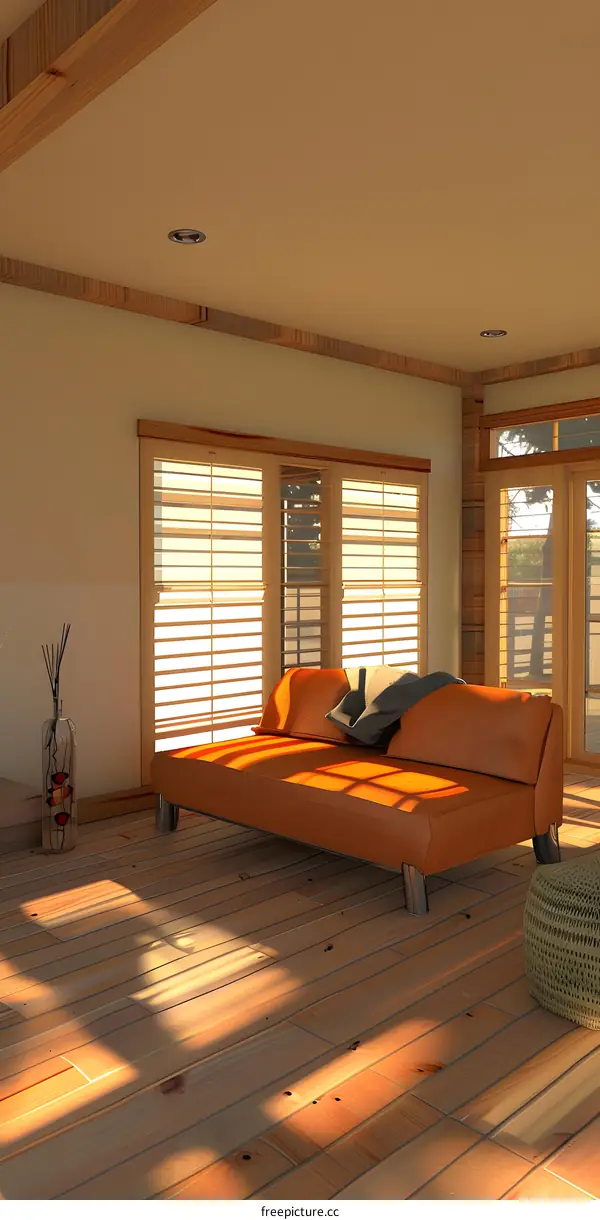 Modern Living Room Interior Design with Wooden Floor and Blinds