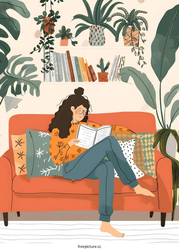 Woman Relaxing on a Sofa Reading a Book in a Cozy Living Room Decorated with Plants and Books