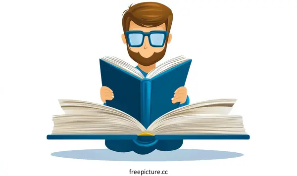 Cartoon Illustration of a Person Reading a Large Open Book