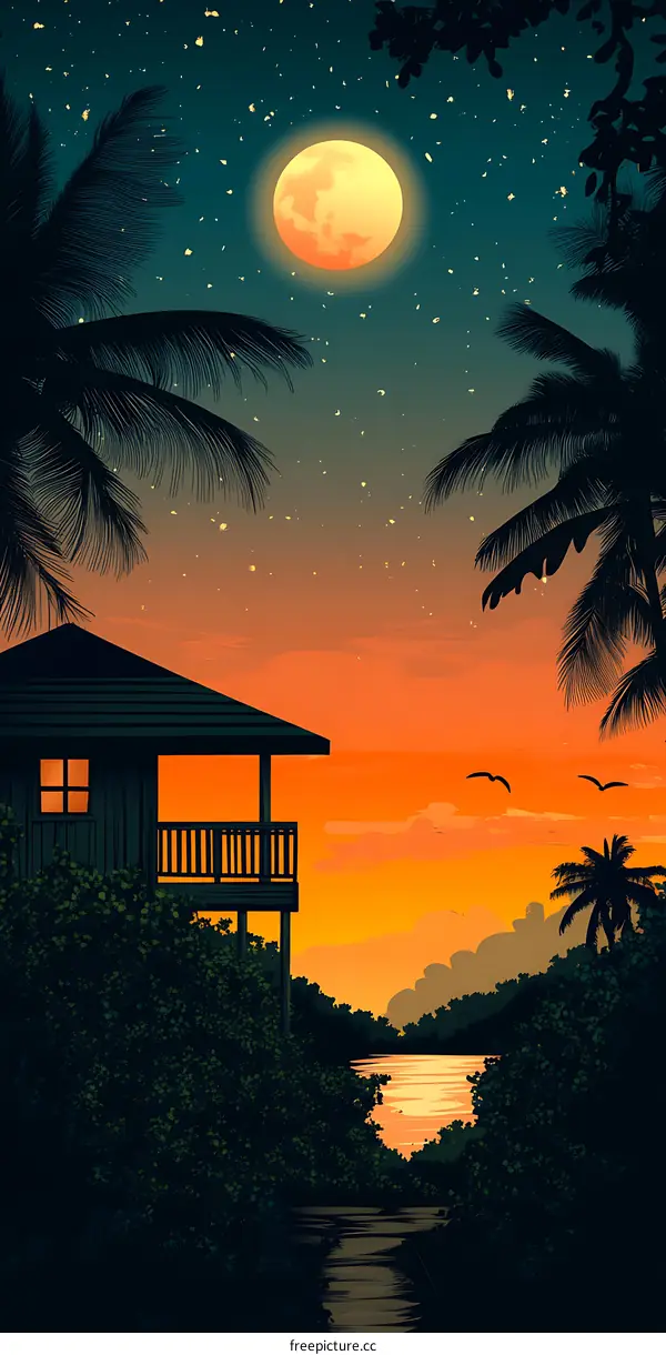 Tropical Night With Full Moon Over Cabin