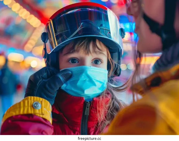 Little girl wearing a ski helmet and a mask