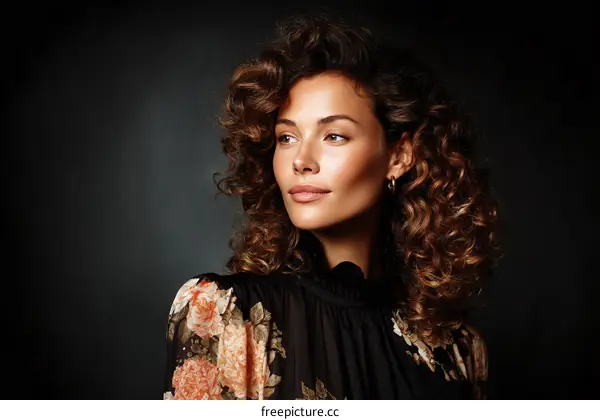 Portrait of a Woman with Curly Hair and Floral Print Dress