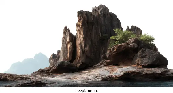 Coastal Rocky Island Formation with Foliage