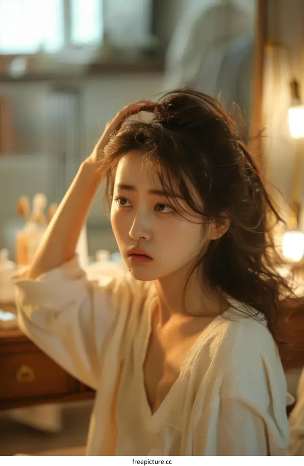 A thoughtful girl sitting on the bed and looking away