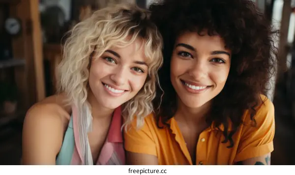 Two young multiracial women smiling at the camera