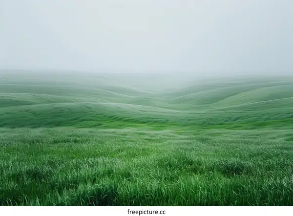 Rolling Green Hills under a Foggy Sky