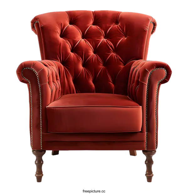 [Transparent Background PNG]Red Velvet Armchair With Button Tufted Upholstery