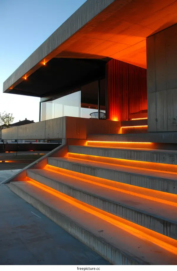 Wooden Stairs Illuminated with Orange LED Lights