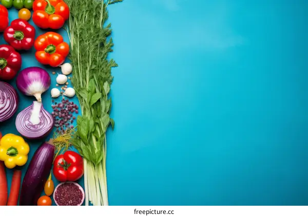 Vibrant Vegetables and Spices on Blue Background