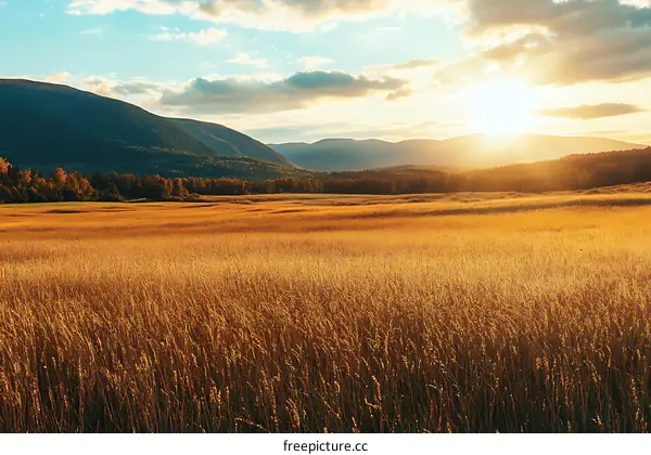Golden Grass Field Sunset Mountain Landscape