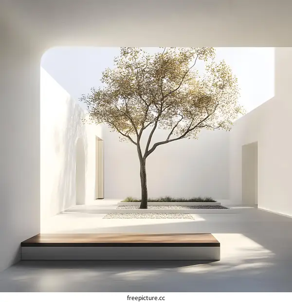 Minimalist Courtyard Design with a Single Tree and Wooden Bench