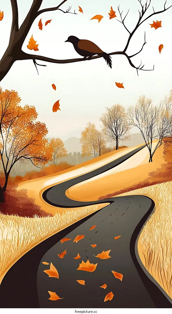 Autumn Road With Falling Leaves and Bird