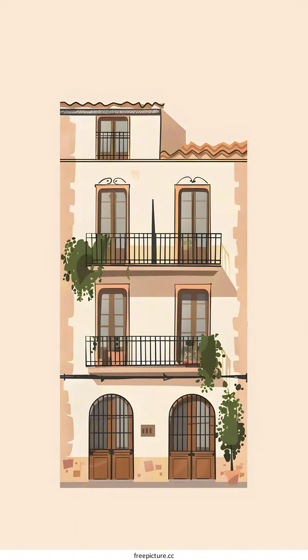 Mediterranean Style House Illustration with Balconies and Windows