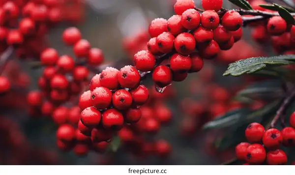 Red Berries on a Branch with Green Leaves and Raindrops