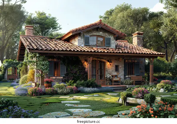 Rustic Stone House with Garden Illustration