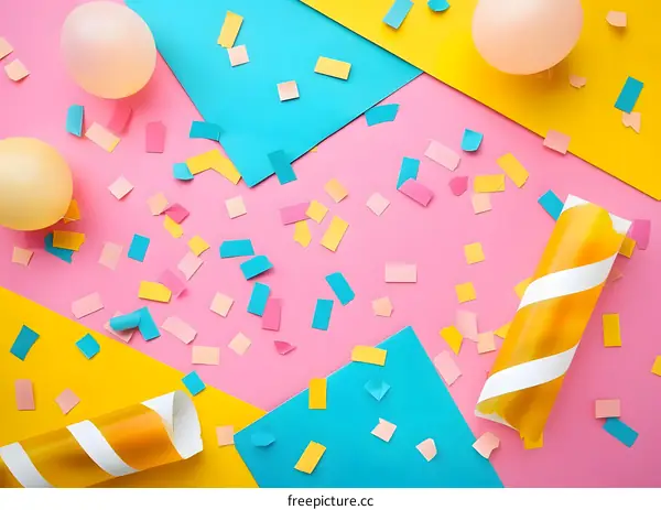 Colorful Confetti Background with Balloons and Streamers