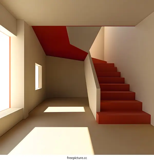 Minimalist Interior Design With Red Staircase and Light