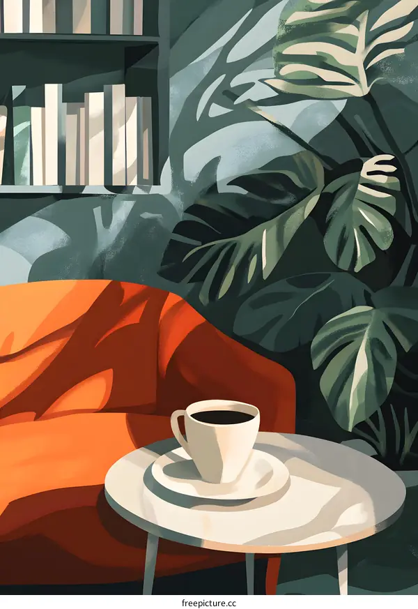 Coffee Cup on a Table in a Room with Green Plants