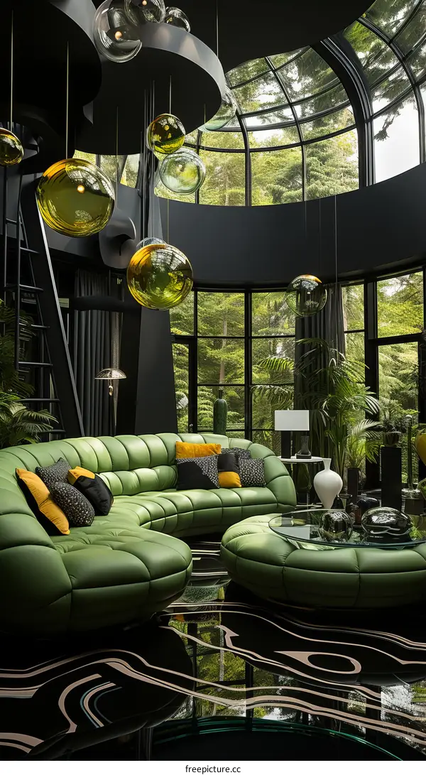 Modern living room interior design with green sofa and large windows