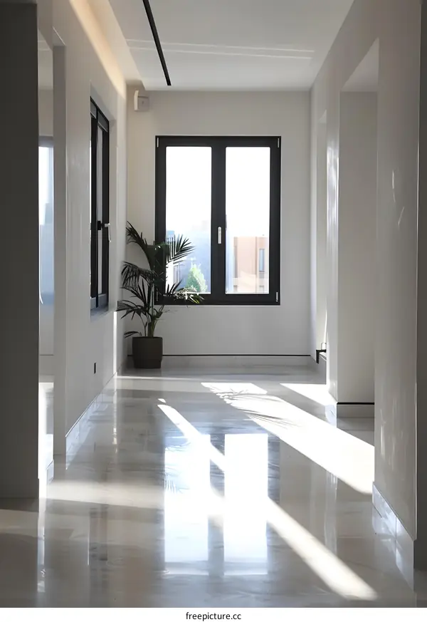 Modern Interior Design With White Walls, Black Window Frames, And Marble Flooring