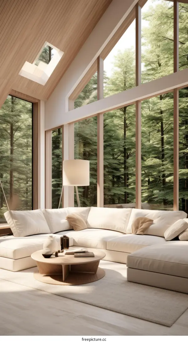 A modern living room with a large windows and a forest view