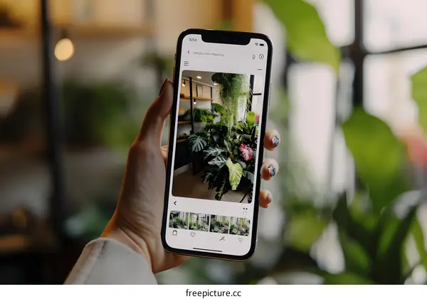 Hand Holding Phone Showing Indoor Plants