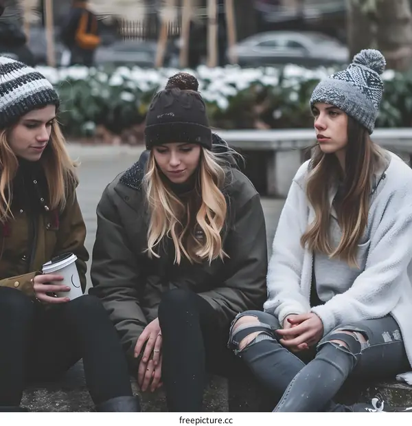Three Young Women Sitting on a Bench in Winter