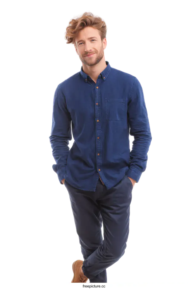 [Transparent Background PNG]Handsome Man in a Denim Shirt and Pants
