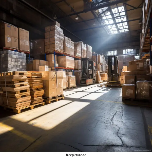Inside of a Warehouse with Many Boxes of Inventory on Shelves and a Forklift Driving Around