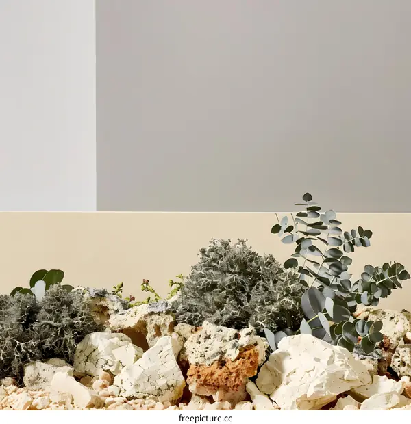 Minimalist Still Life with Eucalyptus and Stones