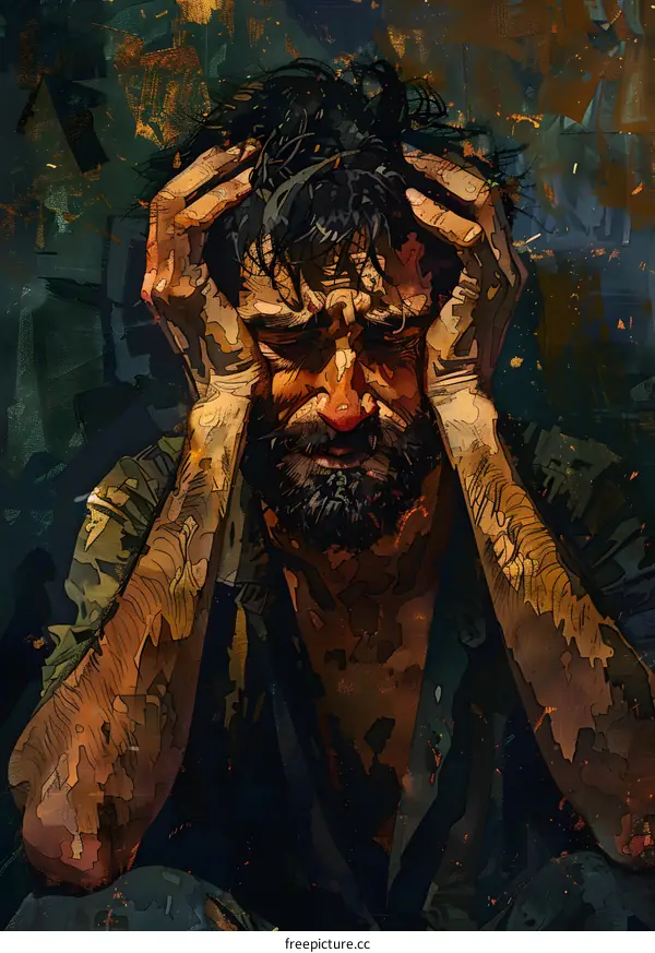 A man with a beard is holding his head in his hands and looks very stressed.