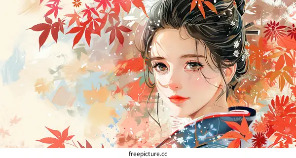 A beautiful Japanese girl with red and white kimono standing in a field of red maple leaves.