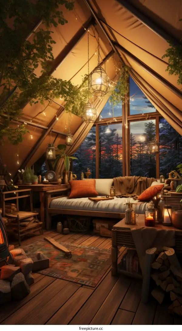 A cozy living space inside a tent with a view of the forest