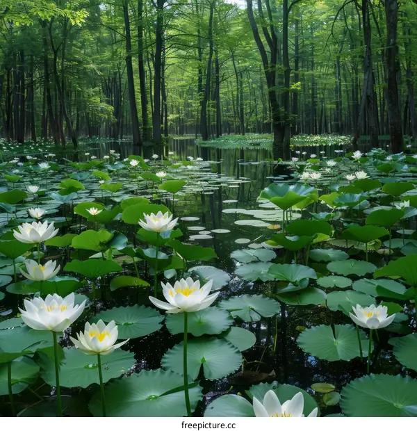 White Water Lilies Blooming in a Forest Pond