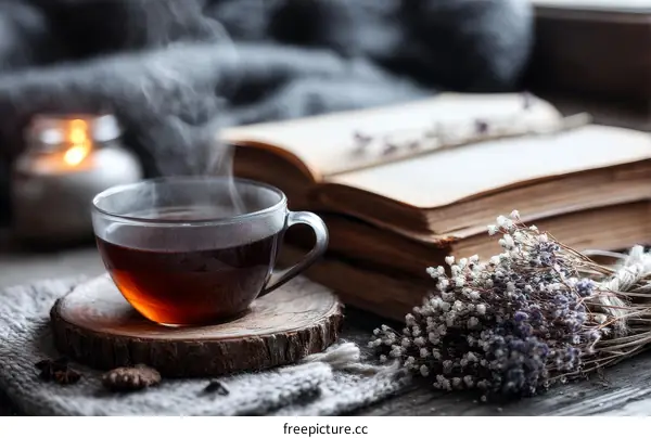 Cozy Autumnal Tea Time with Books and Dried Flowers