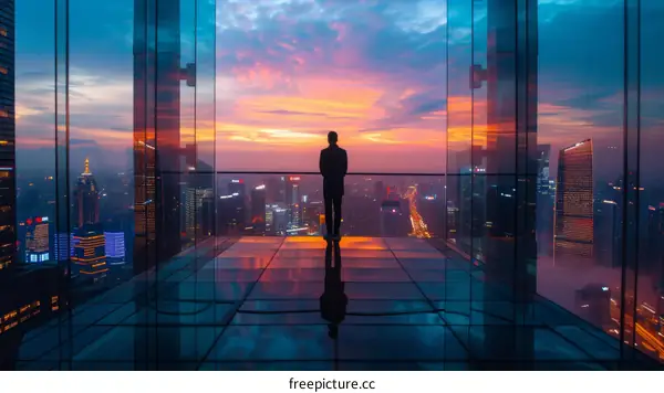 A person standing on a glass floor looking out at a city skyline at sunset
