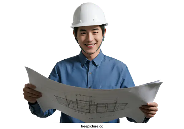 [Transparent Background PNG]Male engineer wearing white helmet holding architectural plans