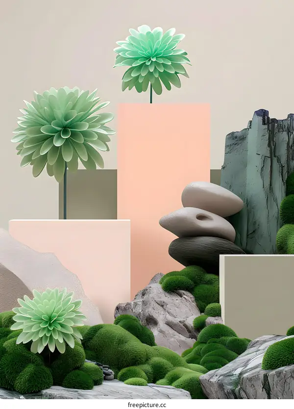 Abstract Minimalist Green Landscape with Rocks, Moss, and Geometric Shapes