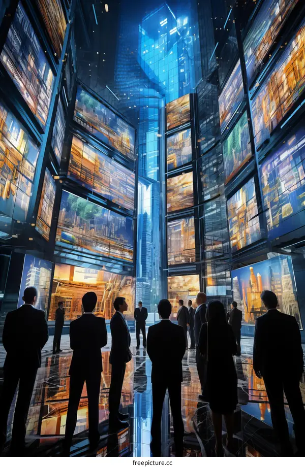 Business people looking at digital screens in a modern office