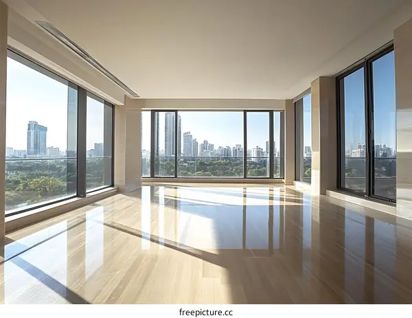 Empty Modern Living Room With Large Windows And City Skyline View