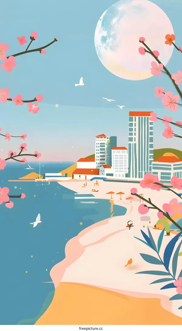 Beach Cityscape with Cherry Blossoms and Full Moon